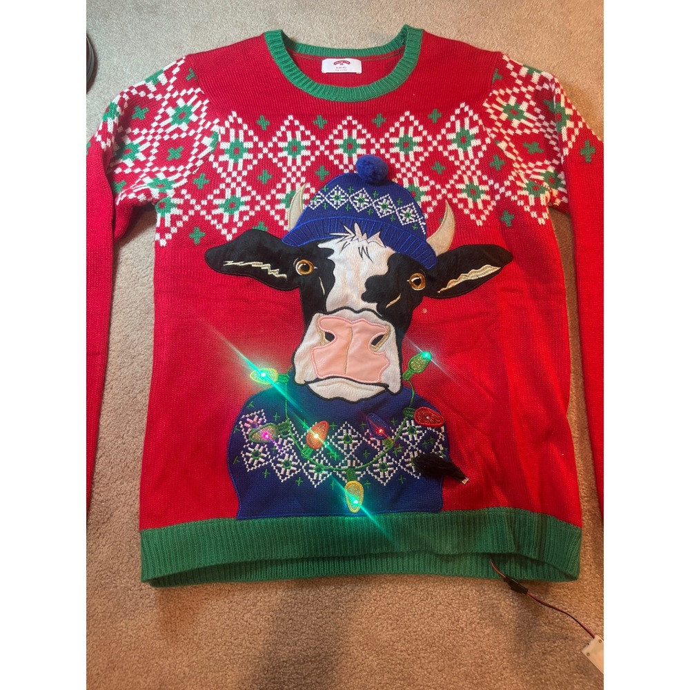 Holiday Time Light Up Cow Christmas Sweater Red Green Mens Medium M 38-40